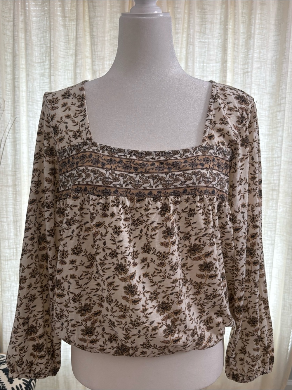 Lucky Brand 100% Cotton Square Neck Blouse with Brown Floral Print Size Medium